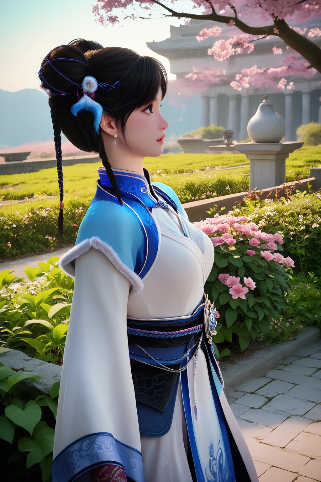 (Leaning against a wrought-iron gate in a blooming garden, she embodies the allure of a secret paradise:1.2),looking at viewer,<lora:XL16神国之上宁小龄:0.85>,preteen girl,white short dress,blue bolero,black hair,braid,double bun,hair ornament,jewelry,sash,necklace,(large breasts:1.2),tree,flower,pink_flower,water,stone,flowers_Surrounded,pondel,, score_9,score_8_up,score_7_up,score_6_up,score_5_up,score_4_up,3d rendering,tag1,tag2, Cinematic Lighting,backlighting,