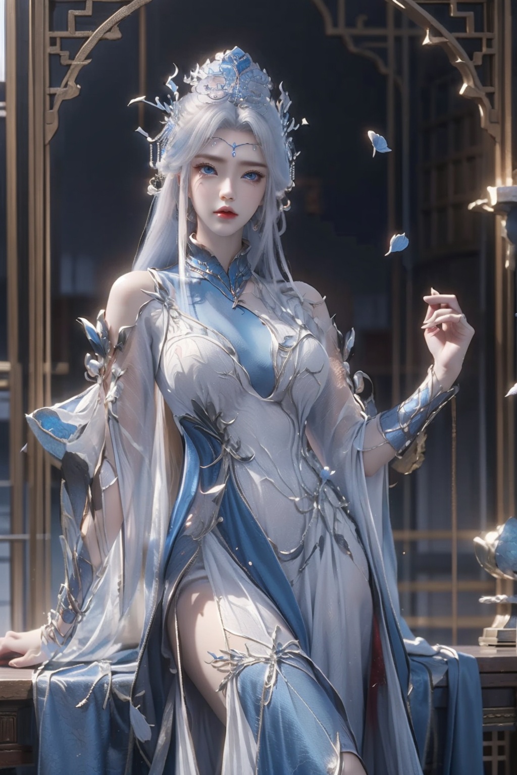 ningyudie,1 girl,blue eyes,long white hair,silver crown,armor,headwear,gufeng,half body photo,petal,