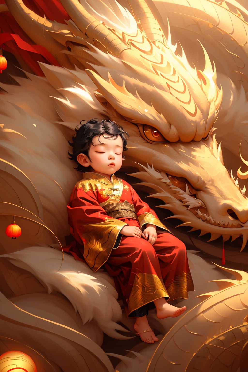 lbbz,solo,short hair,black hair,1boy,sitting,male focus,chinese clothes,sleeping,child,robe,dragon,male child,<lora:lbbz:0.8>,, masterpiece, best quality,