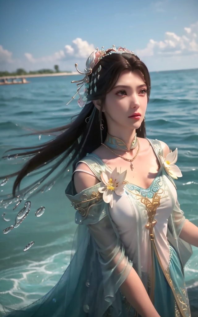 real,photo realistic,highly detailed,(masterpiece),(high quality),best quality,super detailed,full detail,4k,8k,xiyouqin,1girl,solo,upper_body,Above the waist,Look into the camera,flower sea,front view,(white skin),((water drops)),wet clothes,((beautiful detailed water)),((floating)),dynamic angle,
