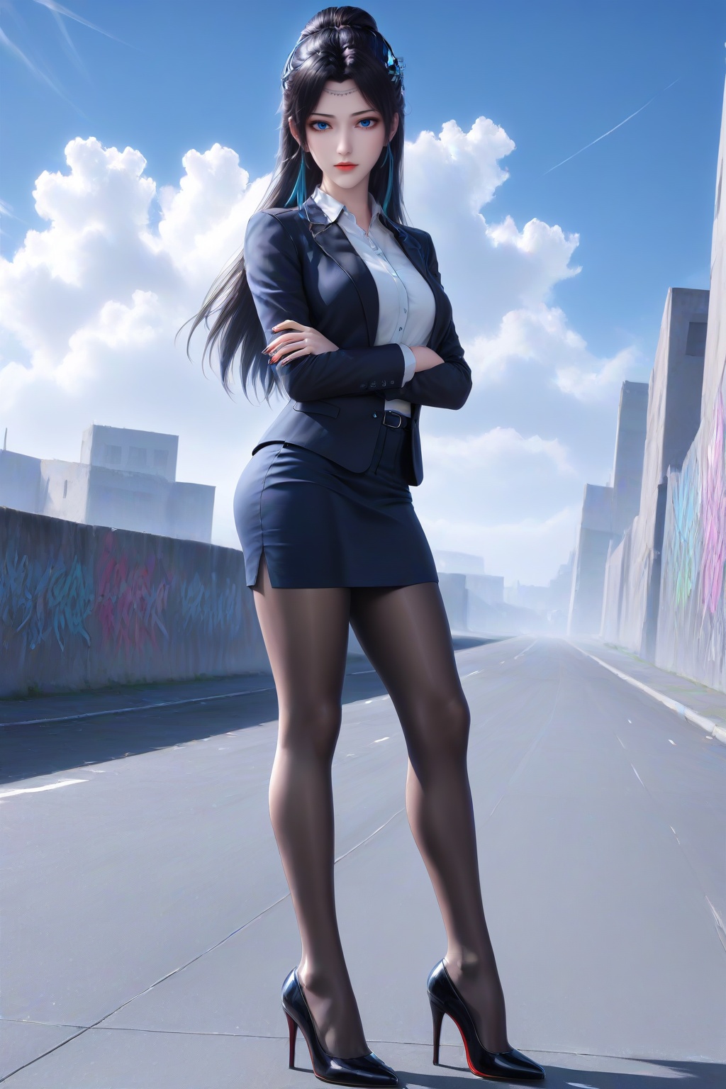 <lora:yunyun_bth_v6-000012:0.7>,yunyun_bth,1girl,solo,long hair,hair ornament,sky,medium breasts,hair bun,blue blue eyes,masterpiece,high quality,highres,absurdres,best quality,8K,high-res detailed,alternate costume,skirt,office lady,shirt,white shirt,jacket,jewelry,miniskirt,pencil skirt,earrings,black footwear,collared shirt,suit,skirt suit,black jacket,long sleeves,black skirt,nail polish,blue skirt,blue jacket,looking at viewer,standing,dynamic pose,arms_crossed,shadow,outdoors,wall,graffiti,sky,blue sky,cloud,street,<lora:DetailedEyes_V3:0.5>,<lora:sh-glossy_r2:0.7>,black_pantyhose,high heels,louboutin heels,black heels,red bottom heels,footwear,<lora:Louboutin_Heels__PONY:0.5>,