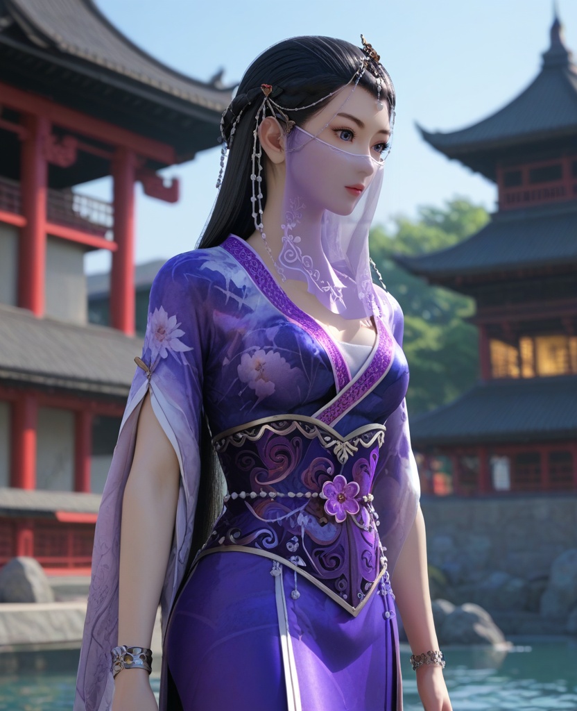 (oriental architecture, elegant decor, sophisticated style:1.1),(swimming:1.1),(breasts:1.2),<lora:XL16墓王之王沐雪离第一版:0.95>,miss muxueli,blue violet gown with floral print,blue eyes,see-through veil,black hair,half-up crown braid with long cascading hair,head chain,sash,bracelet,, score_9,score_8_up,score_7_up,score_6_up,score_5_up,score_4_up,3d rendering,tag1,tag2, Cinematic Lighting,backlighting,
