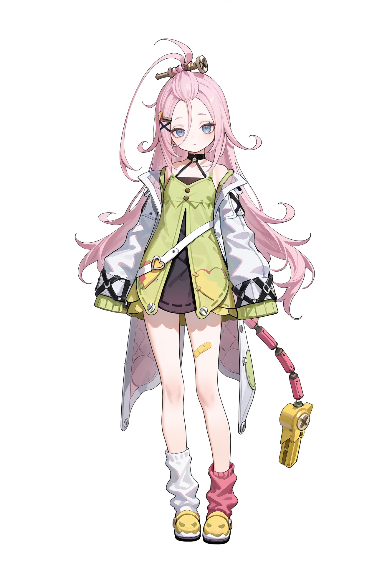 8k,best quality,masterpiece,(ultra-detailed),(high detailed skin),(artist:reoen:0.826446),(artist:machi:0.9),(artist:ningen_mame:0.9),(artist:sho_(sho_lwlw):0.9),(artist:rhasta:0.9),(artist:wlop:0.7),(artist:ke-ta:0.6),(fkey:0.5),(tianliang duohe fangdongye:0.5),(hiten \(hitenkei\):0.6),best quality,amazing quality,(artist:onineko:0.826446),very aesthetic,bokeh,(solo:1.2),simple background,(white background:1.2),(white background:1.1),full body,full shot,standing,looking at viewer,(solo:1.2),simple background,(white background:1.2),(white background:1.1),<lora:aino-ill-Tanger-000014:0.8>,aino \(Genshin Impact\),clothes: ainodef clothes,ainodef open jacket,ainodef short dress,1girl,long hair,hair ornament,sleeves past wrists,pink hair,sleeves past fingers,blue eyes,bandaid on left leg,ainodef asymmetric Loose socks,pink sock,white sock,fake tail,