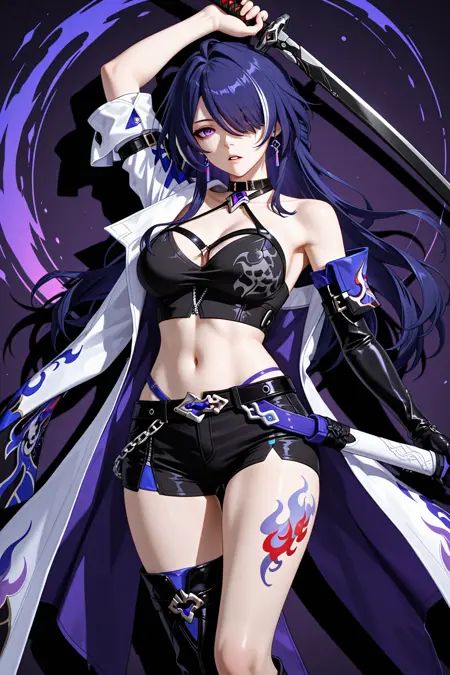 1girl,absurdres,acheron_\(honkai:_star_rail\),arm_up,belt,black_belt,black_choker,black_gloves,black_shirt,black_shorts,boots,breasts,choker,coat,coattails,collarbone,criss-cross_halter,crop_top,drawing_sword,drop_shadow,earrings,elbow_gloves,eyes_visible_through_hair,full_body,gloves,hair_over_one_eye,halterneck,highres,honkai:_star_rail,honkai_\(series\),jewelry,knee_boots,large_breasts,leg_tattoo,long_hair,looking_at_viewer,midriff,multicolored_hair,navel,ootachi,parted_lips,purple_eyes,purple_hair,scabbard,setsu_\(qjsj1993aa\),sheath,shirt,shorts,single_elbow_glove,single_knee_boot,single_thigh_boot,single_wide_sleeve,solo,streaked_hair,sword,tattoo,thigh_boots,unsheathing,weapon,white_coat
