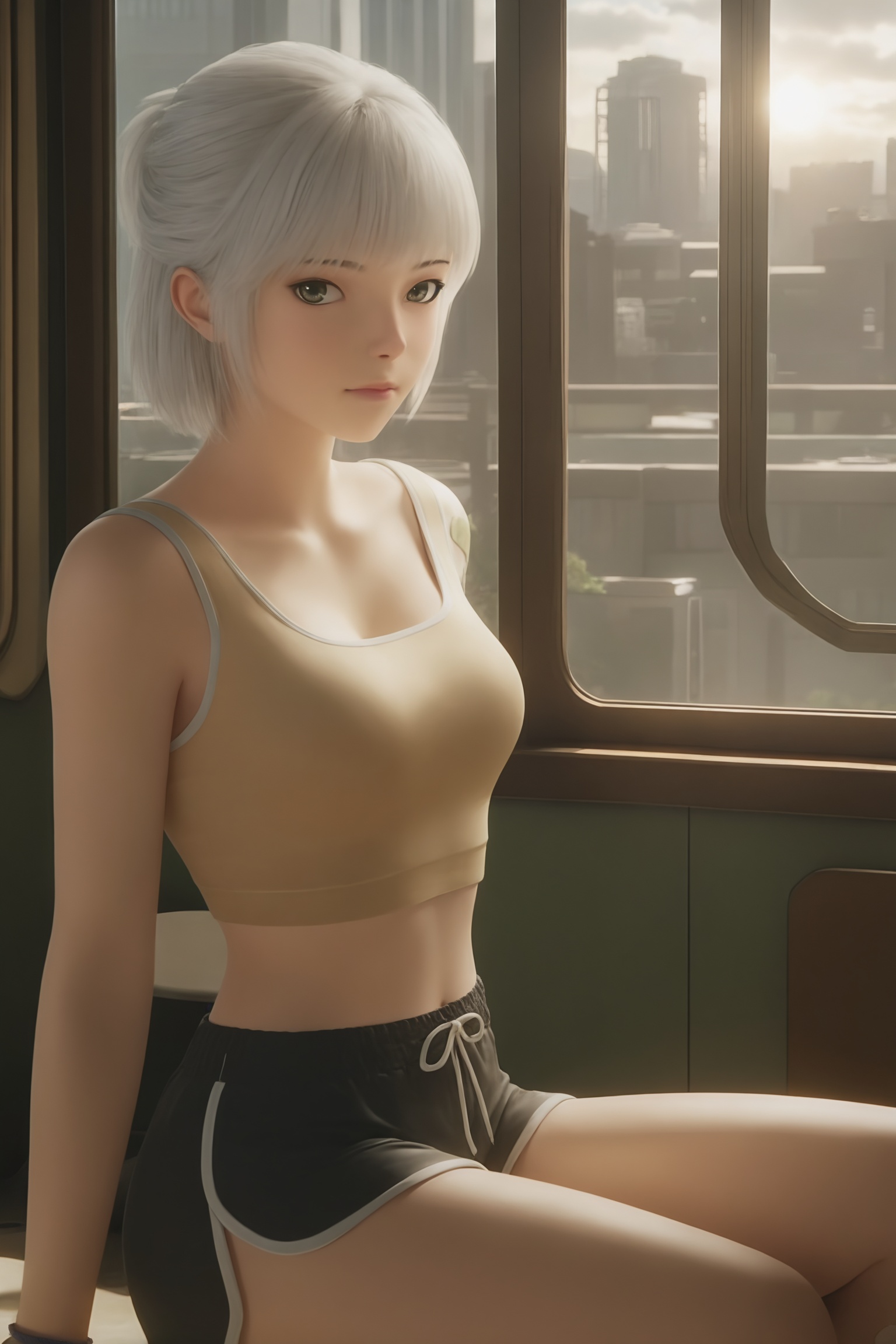 1girl,solo,sitting,window,frills,sky,cloud,indoors,cityscape,closed_mouth,sun,looking at viewer,<lora:灵笼-白月魁运动装IL:0.8>,1girl,short,white hair,bangs,beige crop top,black drawstring shorts,green bandage on her upper arm,