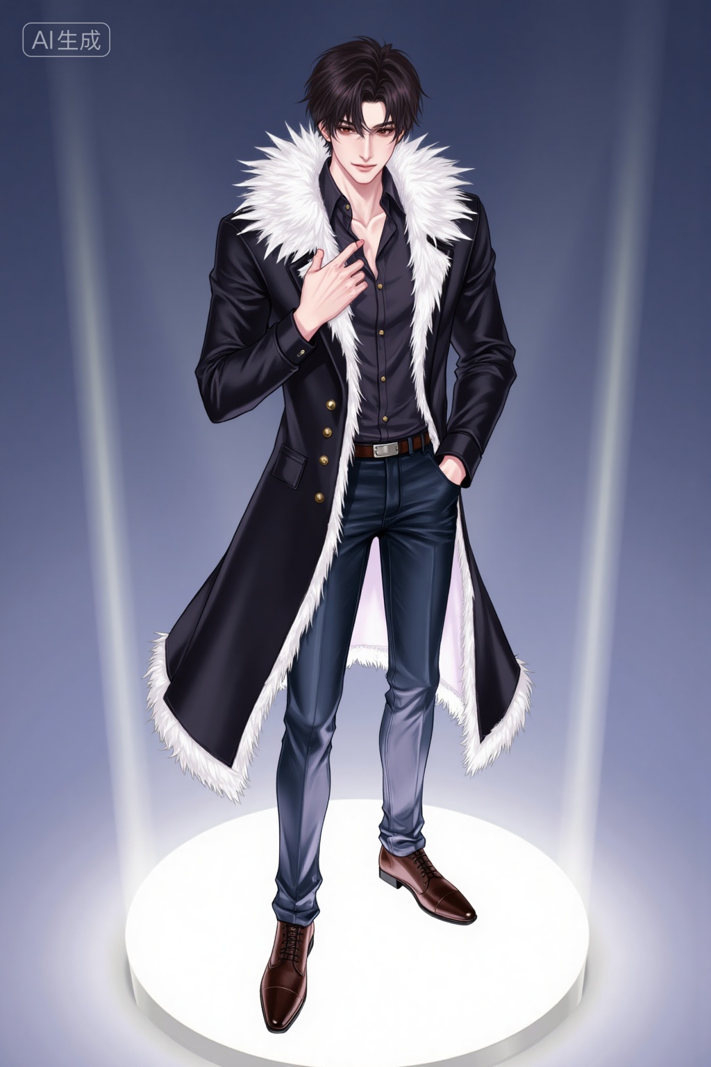 Realistic anime drawing of handsome young man,, in a feather-trimmed coat and slim-fit jeans stands on a small illuminated platform.,, Negative prompt: ng_deepnegative_v1_75t,(badhandv4:1.2),EasyNegative,(worst quality:2),,nsfw, Steps: 30, Sampler: Euler, CFG scale: 3.5, Seed: 2342857404, Size: 1024x1536, Model hash: 8cba4f1ef4, Model: F.1基础算法模型-哩布在线可运行_F.1-dev-fp8.safetensors, Denoising strength: 0, RNG: CPU, Lora 1: 20251118, Lora Hash 1: d7ed8b5205, Lora Weight 1: 1.0, vae_name: automatic