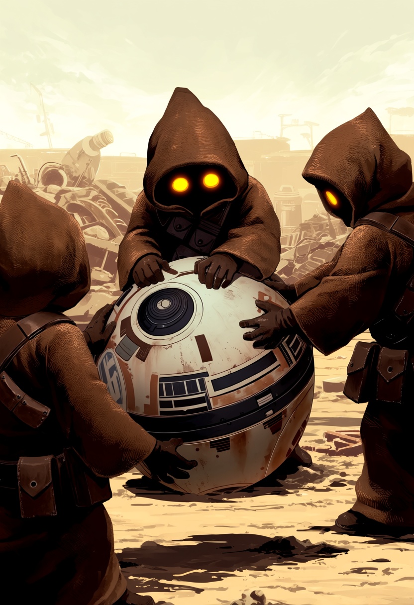 @ebisuke. The scene is a sun-drenched desert junkyard filled with rusted metal parts. Three JawaSW figures are working tog...