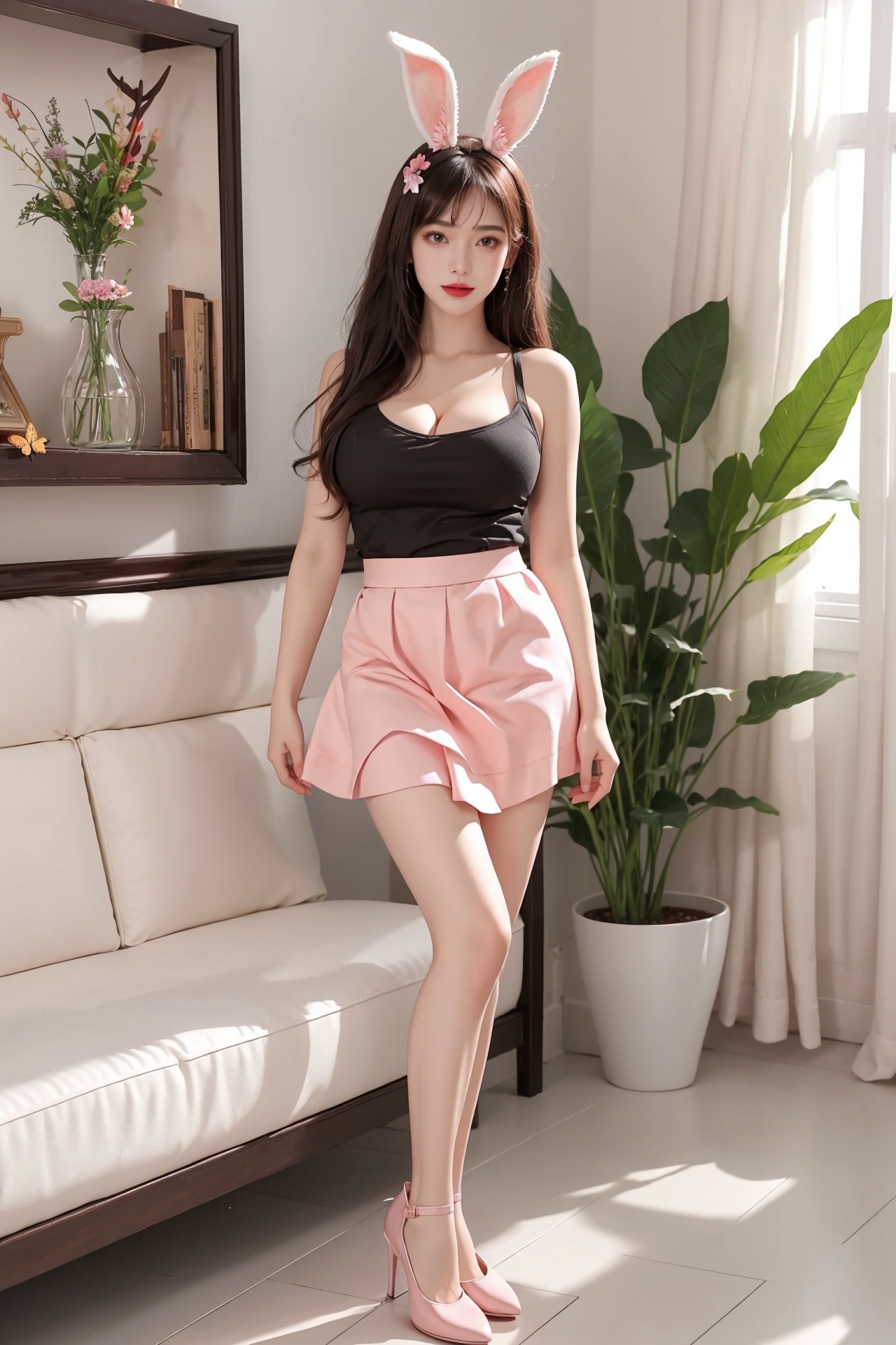 1girl, animal ears, bangs, bare legs, book, breasts, butterfly, cleavage, flower, flower pot, high heels, indoors, jewelry, lips, lipstick, long hair, looking at viewer, makeup, pink footwear, pink skirt, plant, potted plant, rabbit ears, shirt, skirt, slippers, solo, standing, vase <lora:美女:1>
