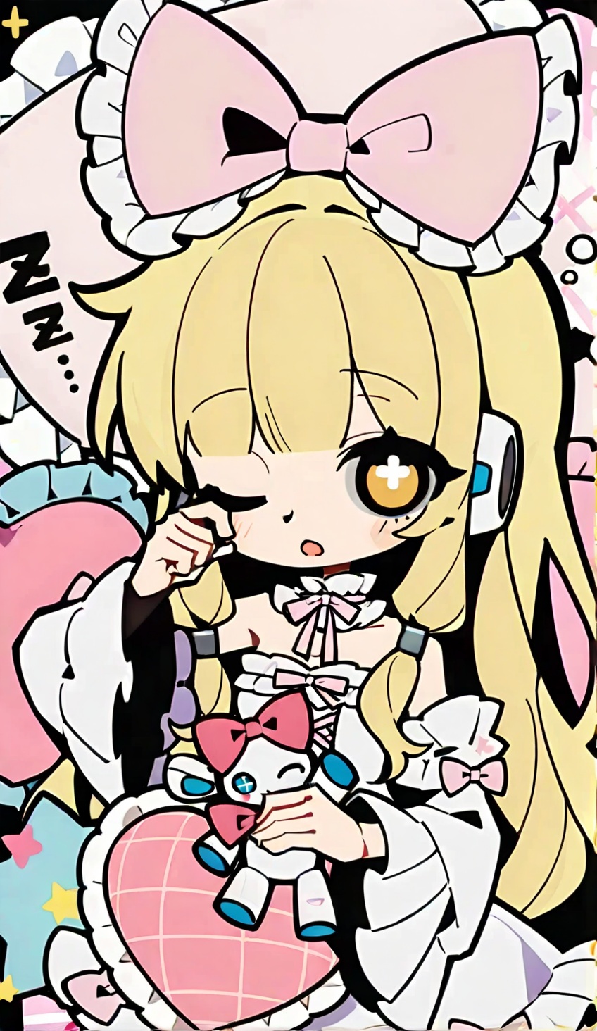 blonde hair,1girl,rubbing eyes,bow,hair bow,sleepy,pink bow,pillow,frills,robot ears,long hair,yellow eyes,one eye closed,wand,pajamas,hair tubes,frilled pillow,frilled choker,stuffed toy,dress,frilled bow,heart,holding wand,detached sleeves,white dress,star \(symbol\),holding pillow,hexagram,holding,low-tied sidelocks,sleep bubble,zzz,upper body,blush,pink ribbon,ribbon,lolita fashion,solo,character doll,blunt bangs,frilled collar,looking at viewer,strapless,stuffed animal,frilled dress,waking up,bare shoulders,chibi,choker,sidelocks,1boy,cross-laced clothes,strapless dress,frilled sleeves,white sleeves,neck ribbon,detached collar,holding stuffed toy,open mouth,<lora:lora:1>,
