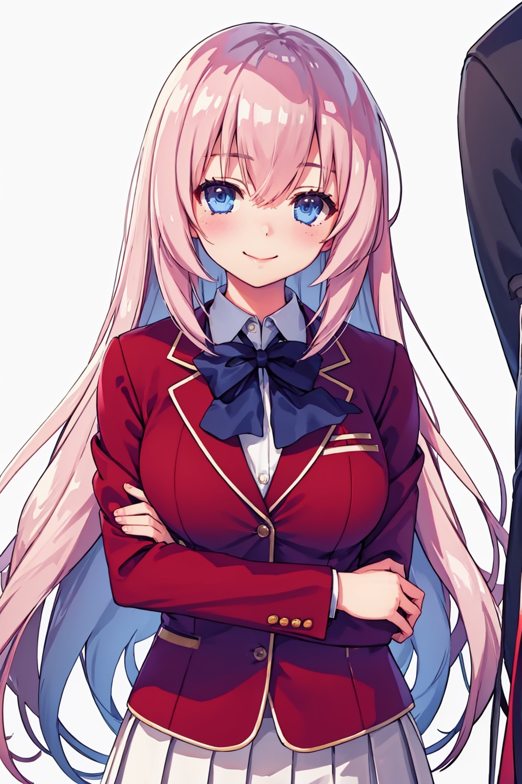masterpiece,best quality, highly detailed, ichinose honami (youjitsu),looking at viewer,blazer,pleated skirt,school uniform,smile,1girl,solo,long sleeves,red jacket,simple background,blush,bowtie,closed mouth,white background,shiny,white skirt,<lora:ichinose_honami_(youjitsu):1>
