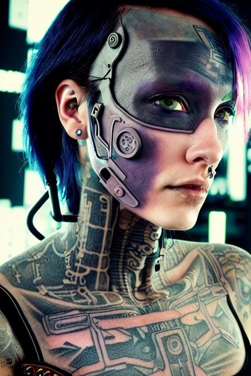 (((cyberpunk woman))) with a tattooed face in front of a (neon cityscape) on Tensor.Art