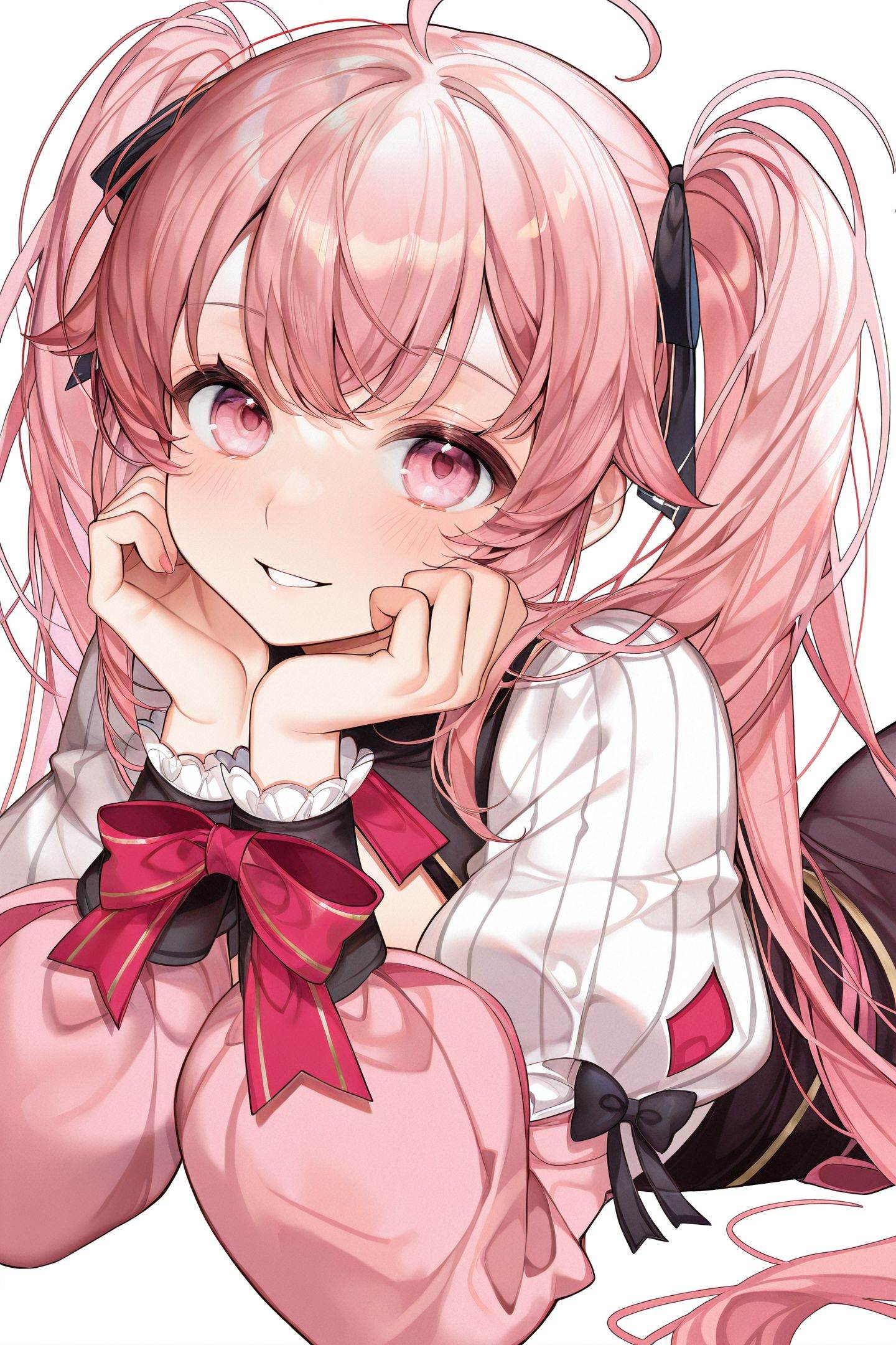 Machi Style,1girl,solo,long hair,pink hair,white background,looking at viewer,ahoge,on stomach,pink eyes,lying,twintails,long sleeves,smile,very long hair,simple background,puffy sleeves,ribbon,parted lips,multicolored hair,bow,<lora:Machi_illustriousXL:1>,