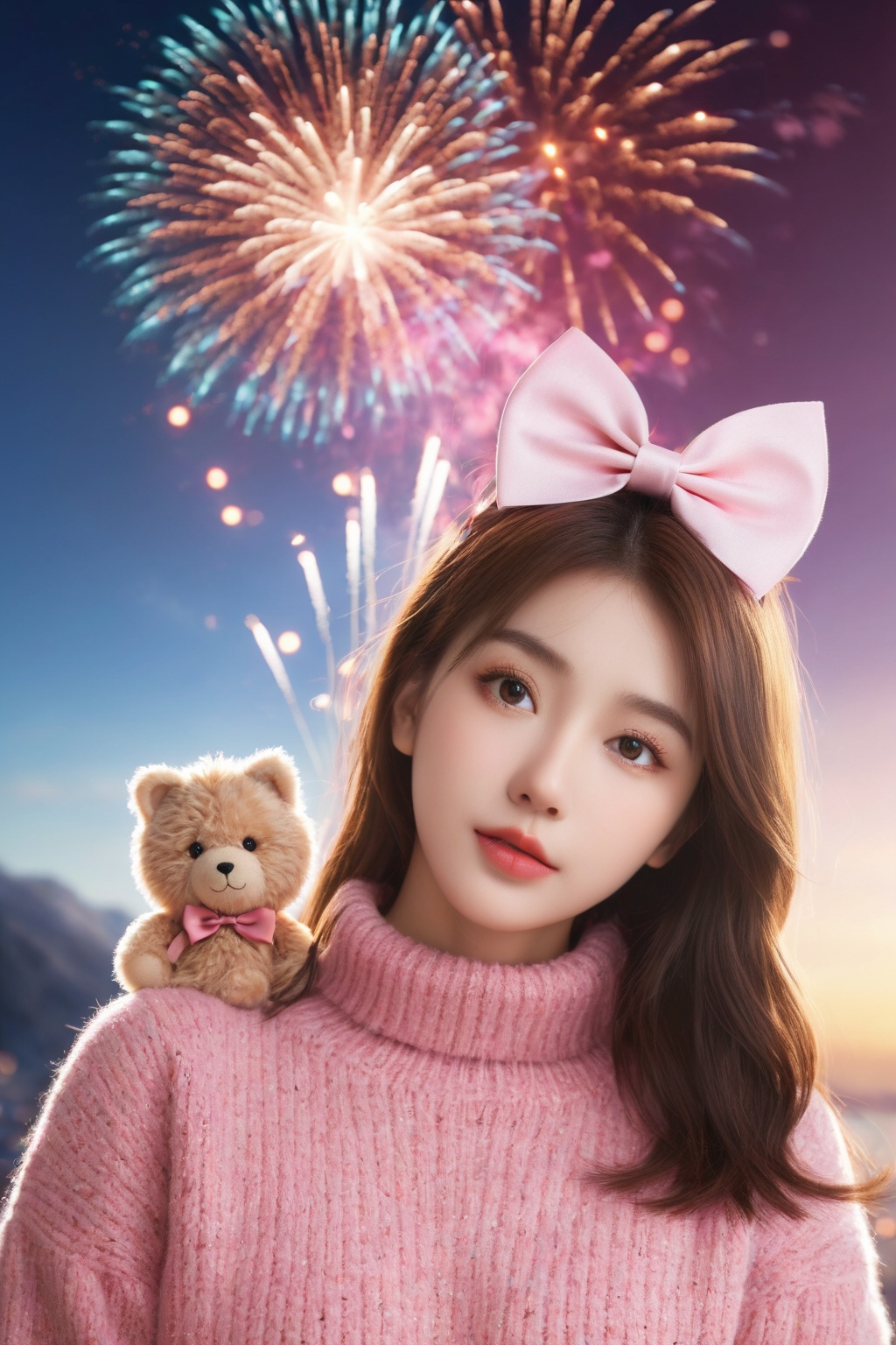 Ultra-realistic 8k CG,masterpiece,best quality,(photorealistic:1.4),HDR,absurdres,Professional,RAW photo,lens flare,(film grain:1.1),Bokeh,((Depth of field)),studio light,a young woman,a teddy bear  and wearing a pink sweater and a pink bow around her head,1girl,animal,animal_on_shoulder,bare_shoulders,brown_eyes,cat,dog,fireworks,_animal,_cat,lips,night,night_sky,realistic,shooting_star,solo,space,star_(sky),starry_sky. Highly detailed,Professional,extreme detail description,