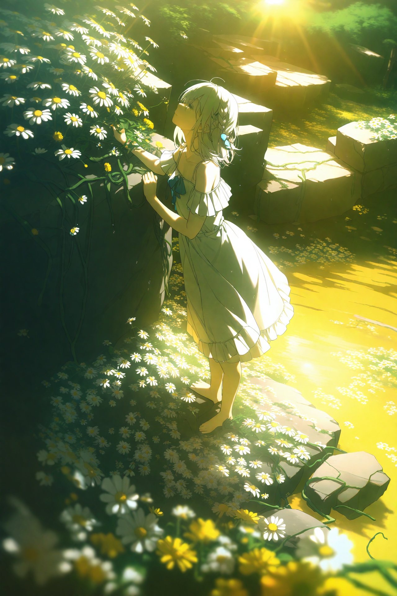 (masterpiece),(best quality),illustration,ultra detailed,hdr,Depth of field,(colorful),loli,yellow theme,the setting sun,Chamomile,Chamomile,cornflower,vines,forest,ruins,lens flare,hdr,Tyndall effect,damp,wet,1girl,bare shoulders,broken glass,broken wall,white hair,white dress,braid,white robe,closed mouth,looking up,standing,medium hair,standing,solo,