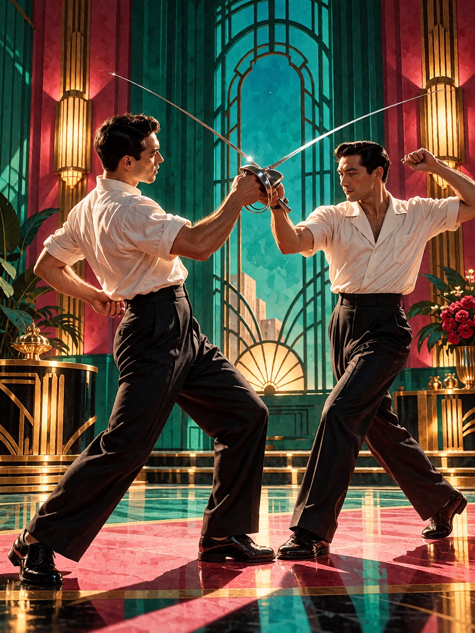 Two young ***** Asian men fencing in a bright Art Deco sports hall,  blades crossing at the center of the composition,  ta...