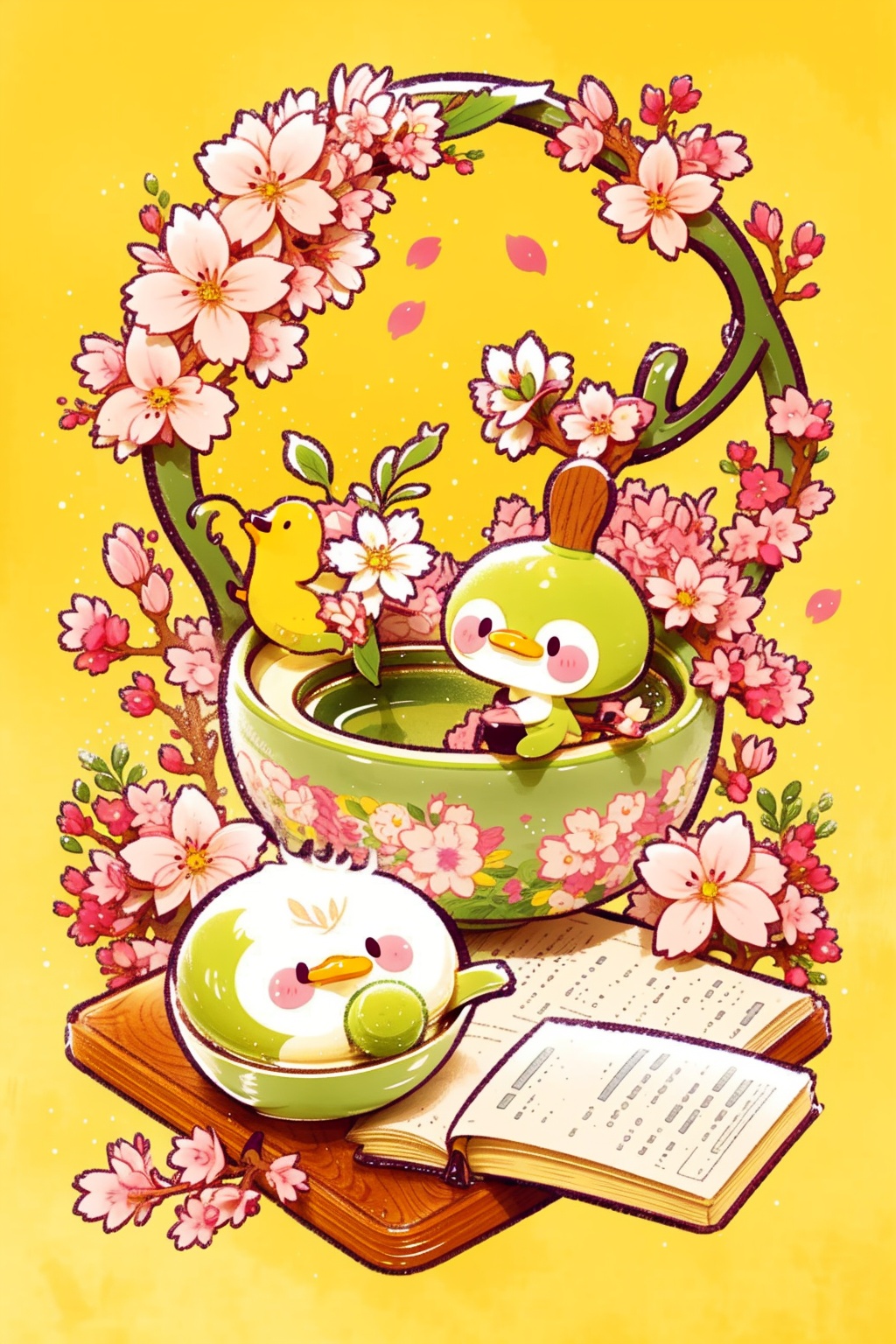 shouzhang_style,tea,teapot,no humans,food focus,yellow duck,food,cup,green tea,english text,book,cherry blossoms,leaf,dango,open book,flower,sanshoku dango,teacup,yellow background,simple background,yunomi,green background,pink flower,bookmark,petals,still life,plate,<lora:shouzhang_v1.0:1.5>,, masterpiece,best quality,