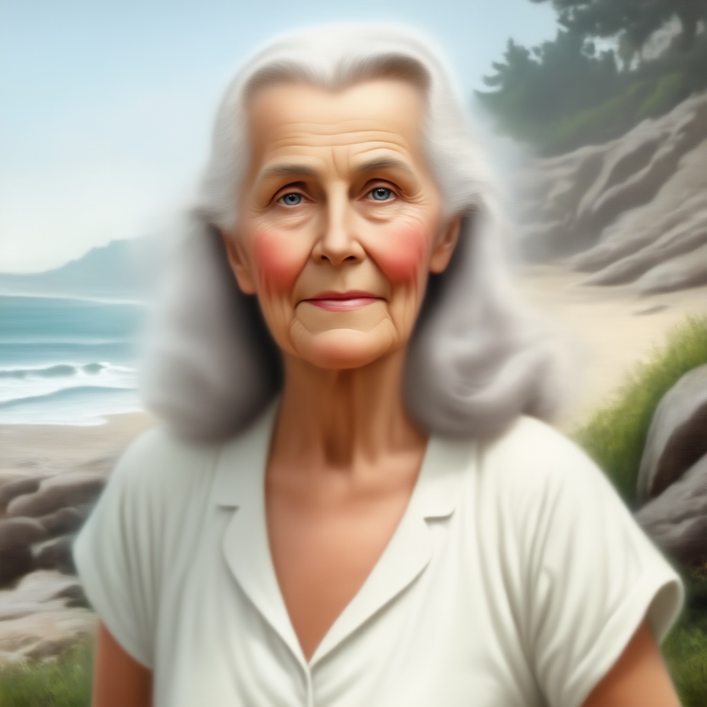 A portrait of a old woman outdoors. She has long,  wavy whitehair and grey eyes. She wears a white,  short-sleeved shirt....