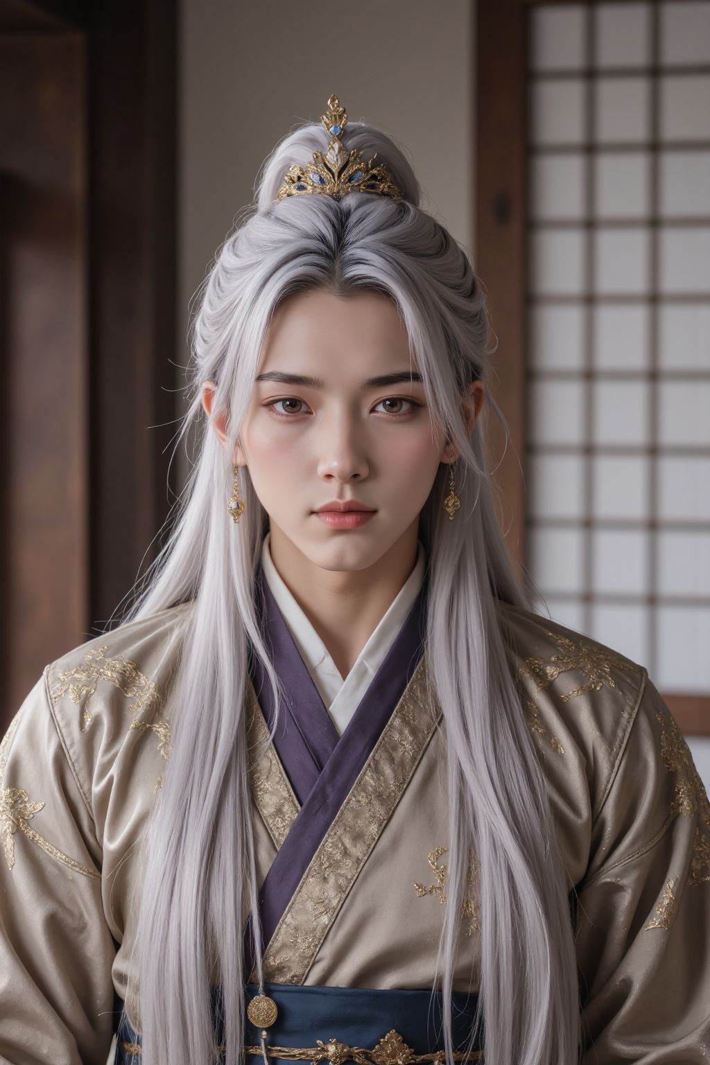 A man with silver long hair, wearing a hanfu, indoors,