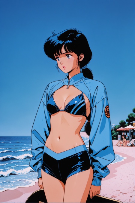 masterpiece, very awa, very aesthetic,nostalgic, 1980s, retro, flat, line art, pop art, retro futuristic,clear contrast, abstract graphic,geometric stripe background, minimalist,three-quarter view, scenery, outdoor cafe, beach,shrug jacket, bikini, sports hotpants,gorgeous girl, paddle board,low tied hair,