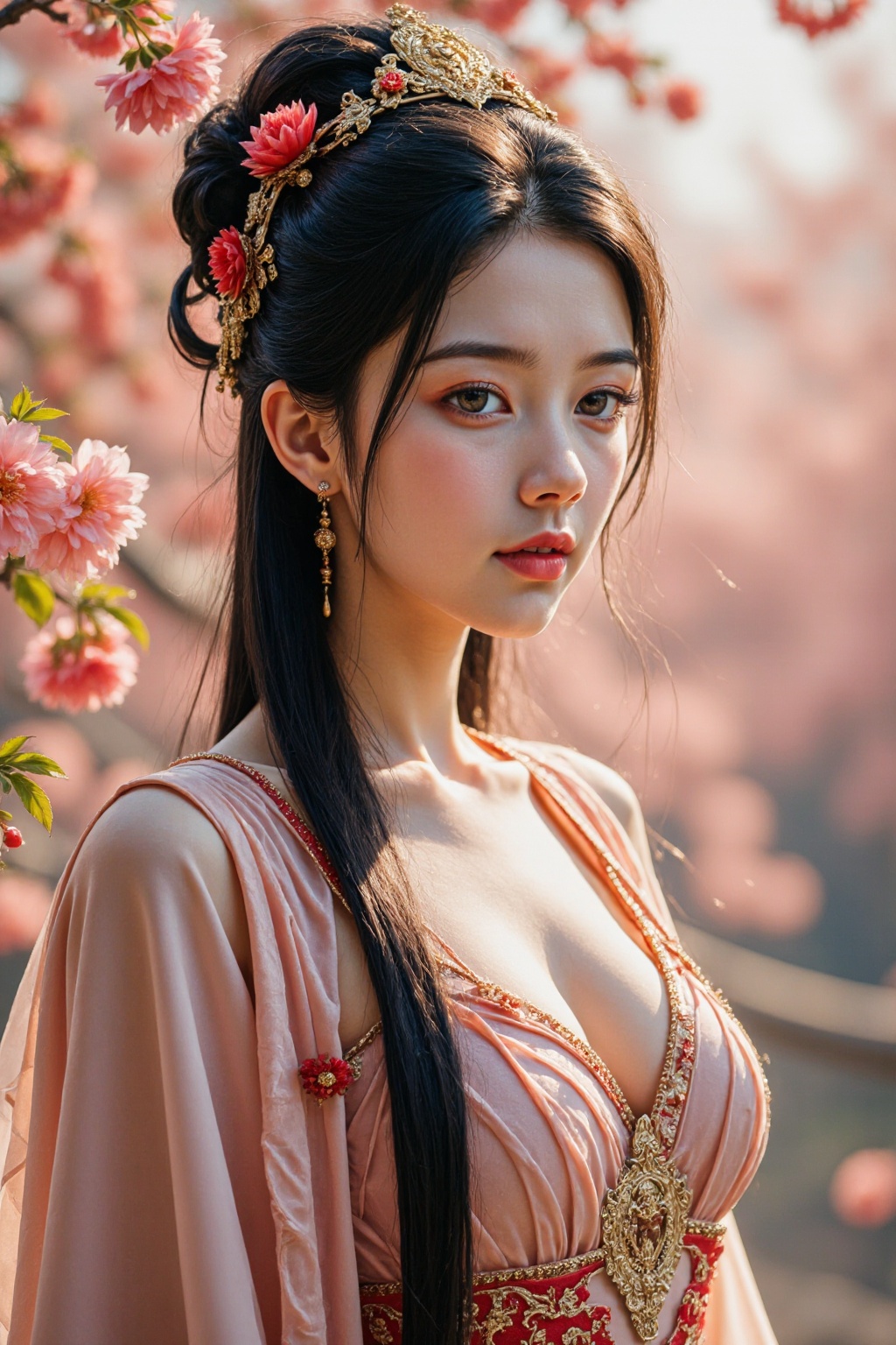 A highly detailed, digital painting depicts a stunning, ethereal woman with fair skin and delicate features whit black long hair. She wears an ornate silk dress with a flowing cape, Her hair is styled in an intricate updo adorned with red and gold accessories. The background is a scene of blooming flowers, and the sunlight is warm and soft.