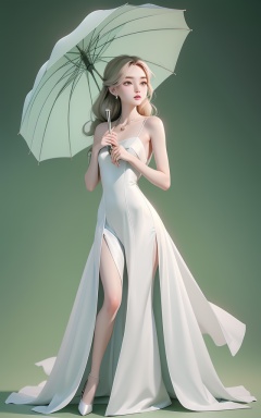 breathtaking Chic and sleek slip dress with delicate spaghetti straps and a silky fabric,design by Stella McCartney (斯特拉·麦卡特尼),Christian Dior (Christian Dior),Pretending to hold a large umbrella,dark green,full body, . award-winning, professional, highly detailed