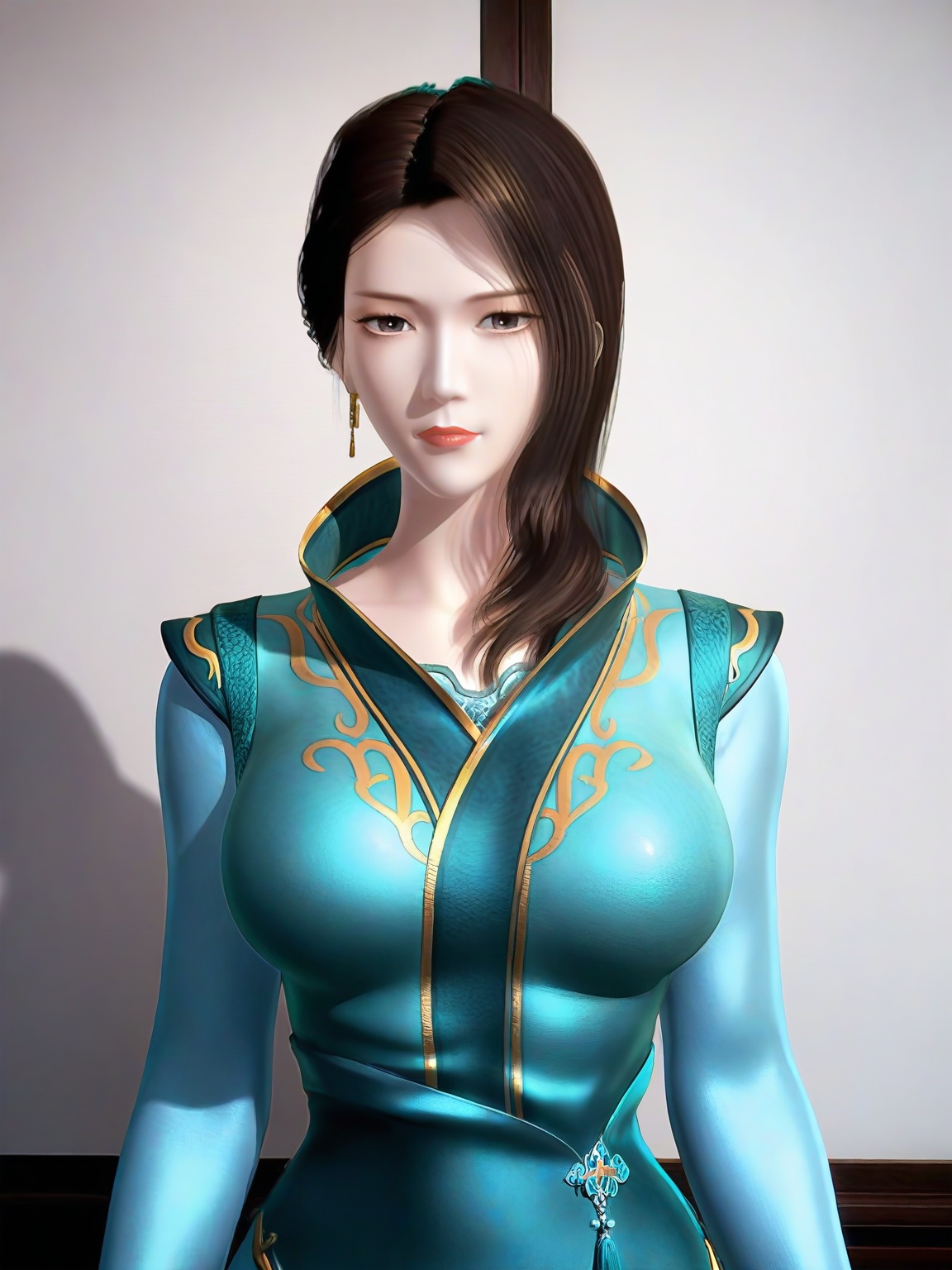 score_9,1girl,solo,dress,long hair,standing,long hair,brown hair ,black eyes,earrings,aqua dress,large breasts,chinese clothes,long sleeves,standing,lipstick,upper body,looking at viewer,<lora:SF_HuFuRen_Pony_Realism2.3-000004:0.7>,