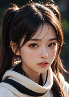 1girl, brown eyes, black hair, realistic, scarf, looking at viewer, twintails, solo, lips, long hair, portrait, nose, closed mouth, solo focus, finger to mouth, simple background,realistic details, surrealistic, sense of reality, intense contrast of light and shadow