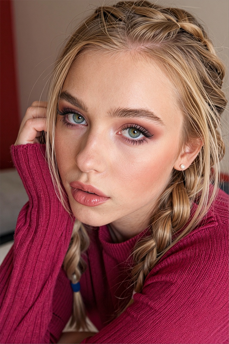 The image portrays a young woman with fair skin and light blonde hair,  styled in a loose,  textured braid that drapes ove...