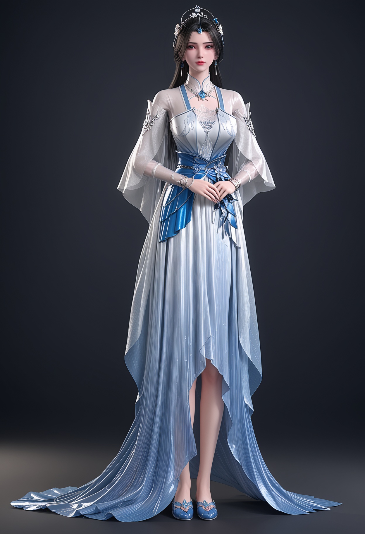 (full body:1.1),82.<lora:YQponylimuwan2V4:0.8>,(q1528437228:1.1),solo,1girl,black_hair,hair_ornament,long_hair,jewelry,dress,earrings,white_dress,sash,long_sleeves,chinese_clothes,hair_bun,tiara,veil,bracelet,flower,clothing_cutout,see-through,ponytail,see-through_sleeves,single_hair_bun,blue_dress,blue_footwear,,(huge breasts:0.8),(looking_at_viewer:1.1),(mature female:1.3),BREAK intricate details,shiny_skin,solo focus,perfect_anatomy,(score_9:1.3),(simple background:-1),(blurry:-1.2),(masterpiece:1.3),(best quality:1.3),(simple background,pure black background,black background:1.1),