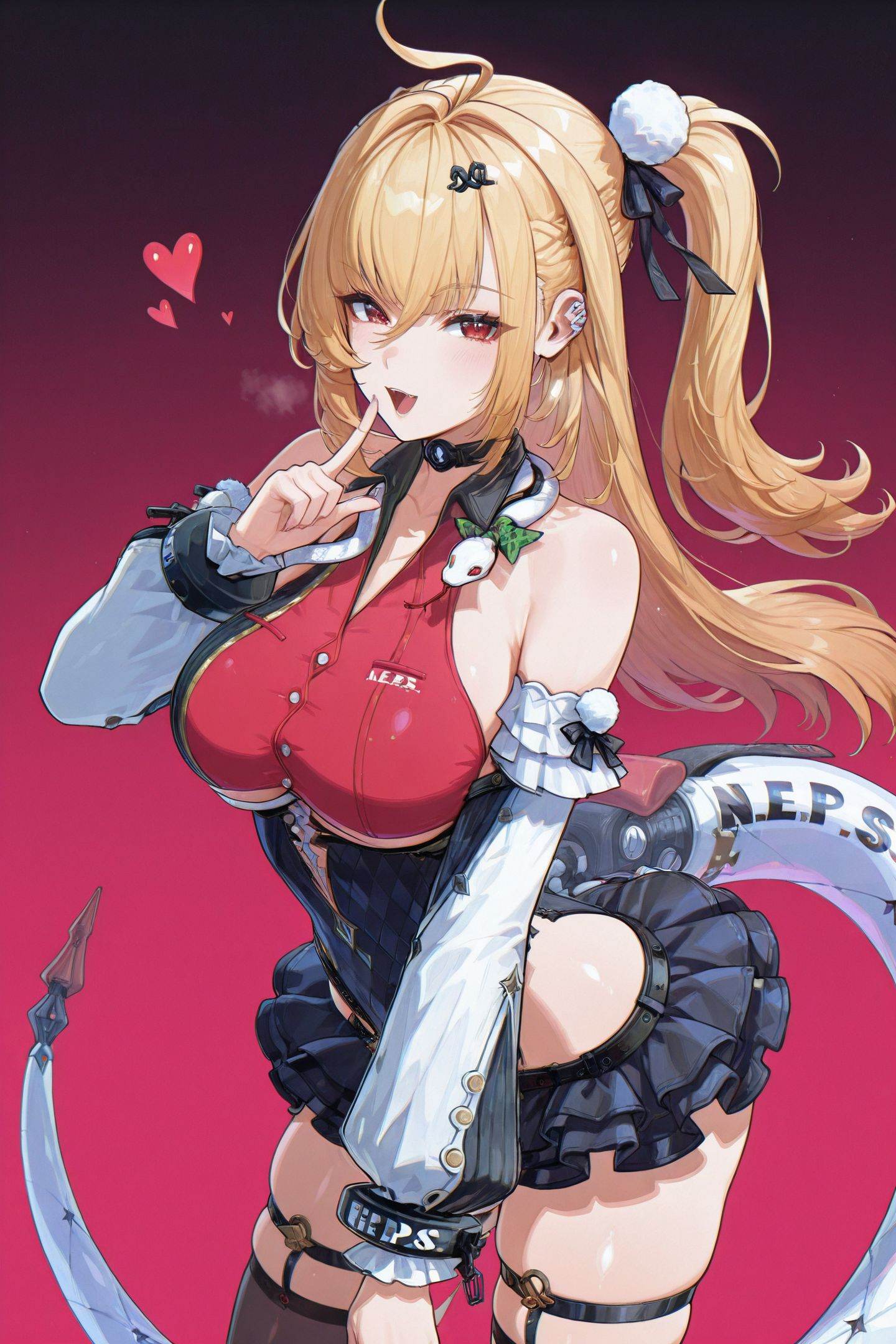Zenless Zone Zero Style,Cissia \(zenless zone zero\),1girl,solo,thighhighs,blonde hair,black thighhighs,skirt,long hair,breasts,looking at viewer,one side up,red eyes,black frilled skirt,red eyes,detached sleeves,thigh strap,large breasts,side ponytail,pom pom hair ornament,green bow snake,snake around neck,mechanical snake tail,hairclip,Cissia's hairclip,pom pom \(clothes\),black and red leotard,simple background,index finger raised,open mouth,finger to mouth,heart,<lora:Cissia_illustriousXL:1>,