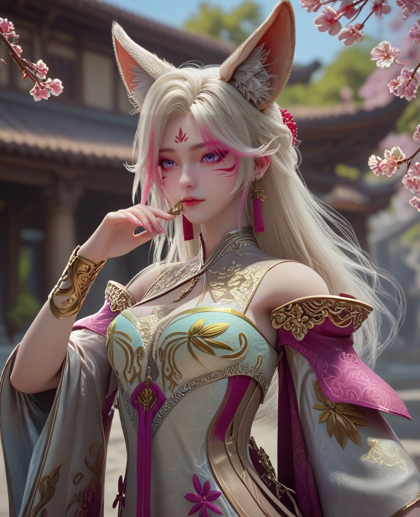 (oriental architecture, elegant decor, sophisticated style:1.1),(holding object:1.1),(breasts:1.2),<lora:XL16克金玩家小狸:0.95>,1girl,white china dress,facial mark,purple eyes,pink streaked hair,white hair,long hair,fox ears,jewelry,earrings,pink shawl,bracelet,, zPDXL2, score_9, score_8_up, score_7_up BREAK realistic, masterpiece,best quality, highly detailed,, zPDXL3, zPDXL2,zPDXL, zPDXLxxx, zPDXLrl,