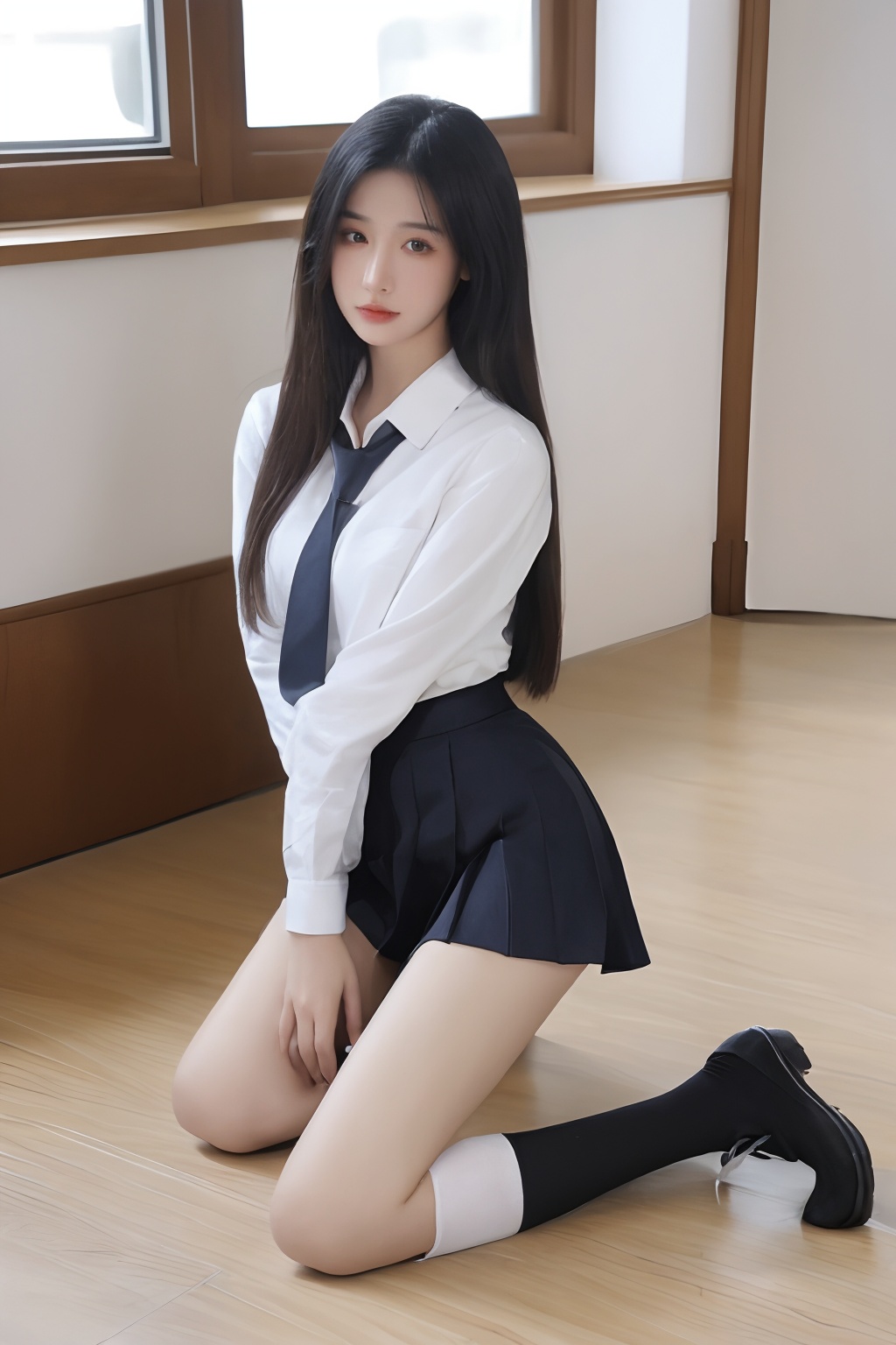 1girl,solo,black hair,necktie,skirt,kneeling,long hair,socks,looking at viewer,black footwear,realistic,school uniform,shirt,white socks,white shirt,shoes, <lora:sifang_20231118123505:0.8>