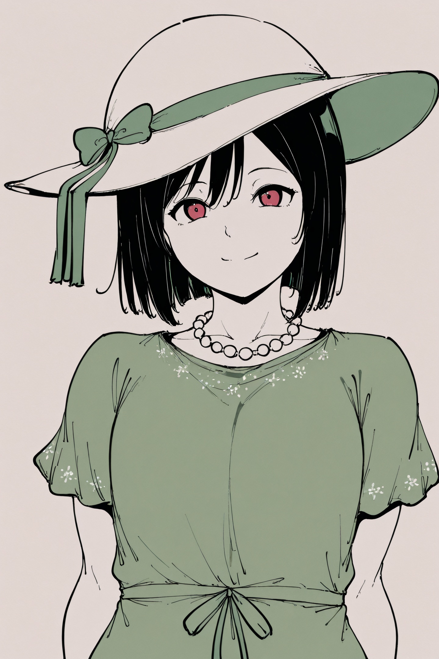 alp Style,1girl,mifune shioriko,solo,hat,upper body,necklace,looking at viewer,ribbon,red eyes,short hair,black hair,bob cut,closed mouth,simple background,spot color,dress,smile,hat ribbon,white background,monochrome,sun hat,short sleeves,light green shirt,pearl necklace,<lora:alp_illustriousXL:1.2>,