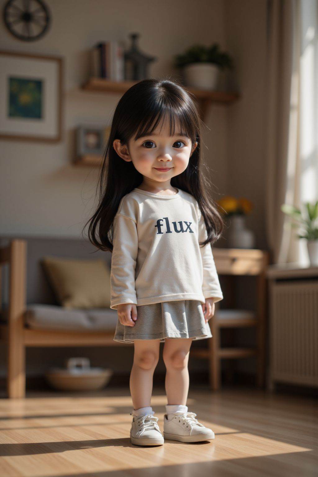 HDR photo of cinematic film still,1girl,solo,looking at viewer,smile,shirt,black hair,long sleeves,brown eyes,standing,full body,white shirt,shoes,skirt,indoors,sneakers,child,clothes writing with the words"flux",realistic,female child,chibi,