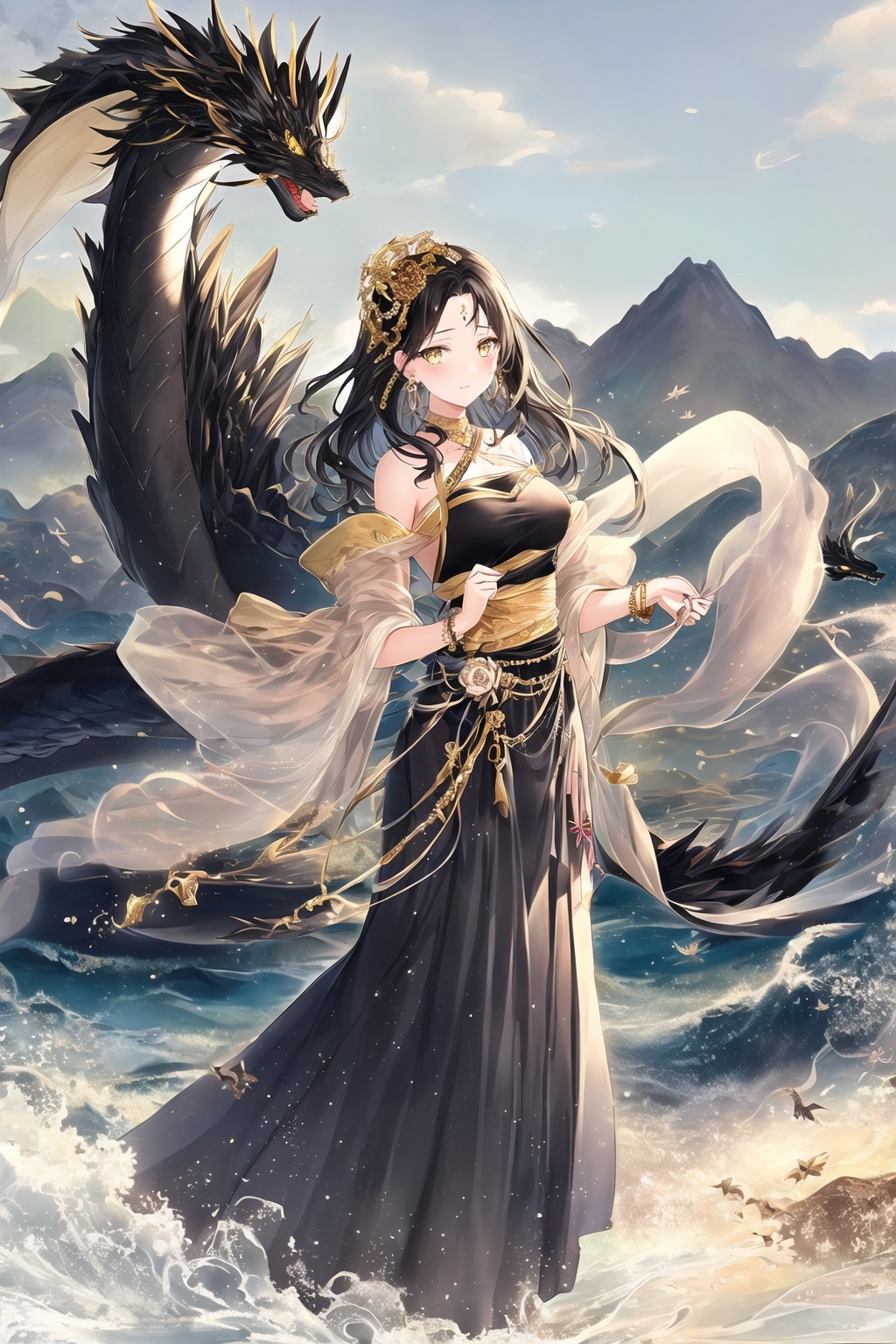 <lora:gilding_v1-000006:0.6>,1girl,1 black dragon,black hair,bracelet,cloud,full body,gilding\\(style\\),long skirt,lotus,mountain,shawl,solo,waves,yellow eyes,