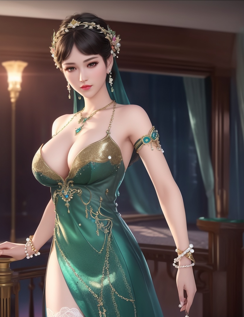 ultra realistic 8k cg, picture-perfect face, flawless, clean, masterpiece, professional artwork, famous artwork, cinematic lighting, cinematic bloom, perfect face, beautiful face, fantasy, dreamlike, unreal, science fiction,  beautiful clothes, lace, lace trim, lace-trimmed legwear,  (rich:1.4), prestige, luxury, jewelry, diamond, gold, pearl, gem, sapphire, ruby, emerald, intricate detail, delicate pattern, charming, alluring, seductive, erotic, enchanting, hair ornament, necklace, earrings, bracelet, armlet,halo((,1girl, pov,))(((,  1girl,  solo,looking at viewer, ))),(((1girl, solo, dress, jewelry,large breasts, )))<lora:DA_WhiteSnakeGreenSnake:0.7>