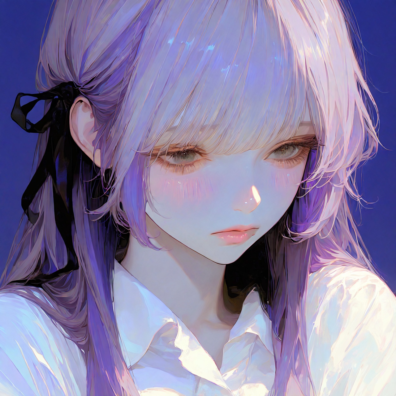 <lora:Tourun ThickPaint Style:0.8>,absurdres,realistic,rim light,wallpaper,best quality,1girl,solo,long hair,shirt,blue background,simple background,white shirt,collared shirt,bangs,upper body,grey hair,hair ribbon,ribbon,blush,eyelashes,lips,grey eyes,purple hair,closed mouth,