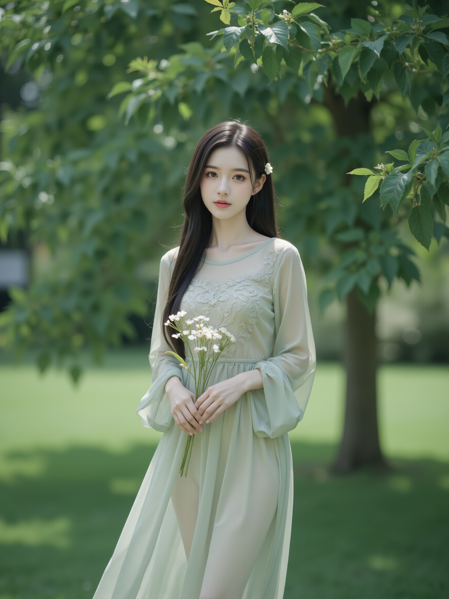 This is a high-resolution photograph of a young East Asian woman standing in a lush, green outdoor setting, possibly a park or garden. She is wearing a traditional Chinese qipao dress in shades of green and cream. The dress features a sheer, flowing top with intricate embroidery and a fitted bodice, complemented by a sheer, translucent skirt that cascades elegantly. Her long, straight black hair is adorned with delicate floral hairpins, and she holds a bouquet of delicate white flowers in her hands. Her expression is serene and gentle, with a subtle smile. The background showcases a dense tree with vibrant green foliage, and the light filtering through creates a soft, dappled effect on the ground. The overall mood of the photograph is serene and ethereal, highlighting the beauty and grace of the subject and her surroundings.