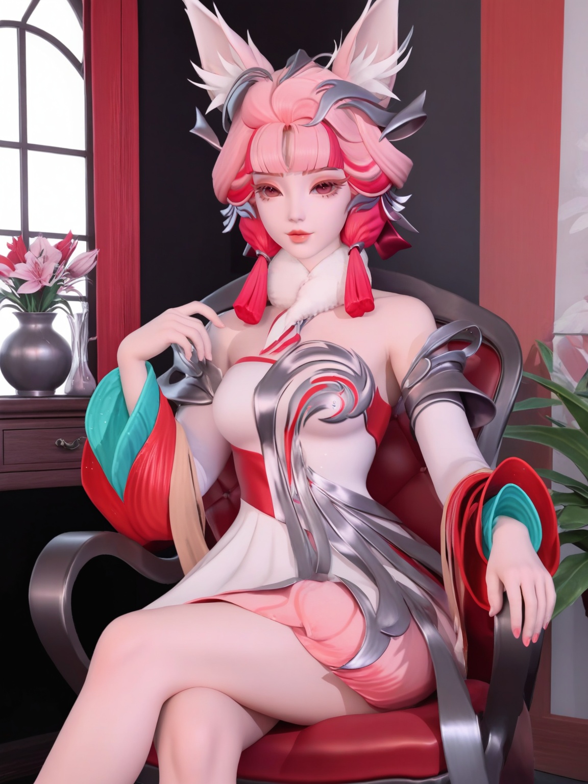 score_9,<lora:SF_DaJi_QQH_Pony_Realism2.3-000004:0.75>,1girl,SFDaJie,breasts,looking at viewer,dress,hair ornament,pink hair,multicolored hair,bare shoulders,lipstick,makeup,eyelashes,eyeshadow,fox ears,fur collar,skirt, hair ribbon,long sleeves,solo,cross legs,pink eyes,full shot,cowboy shot,sitting,ribbon,tassel,chair,window,indoors,flower flower pot,