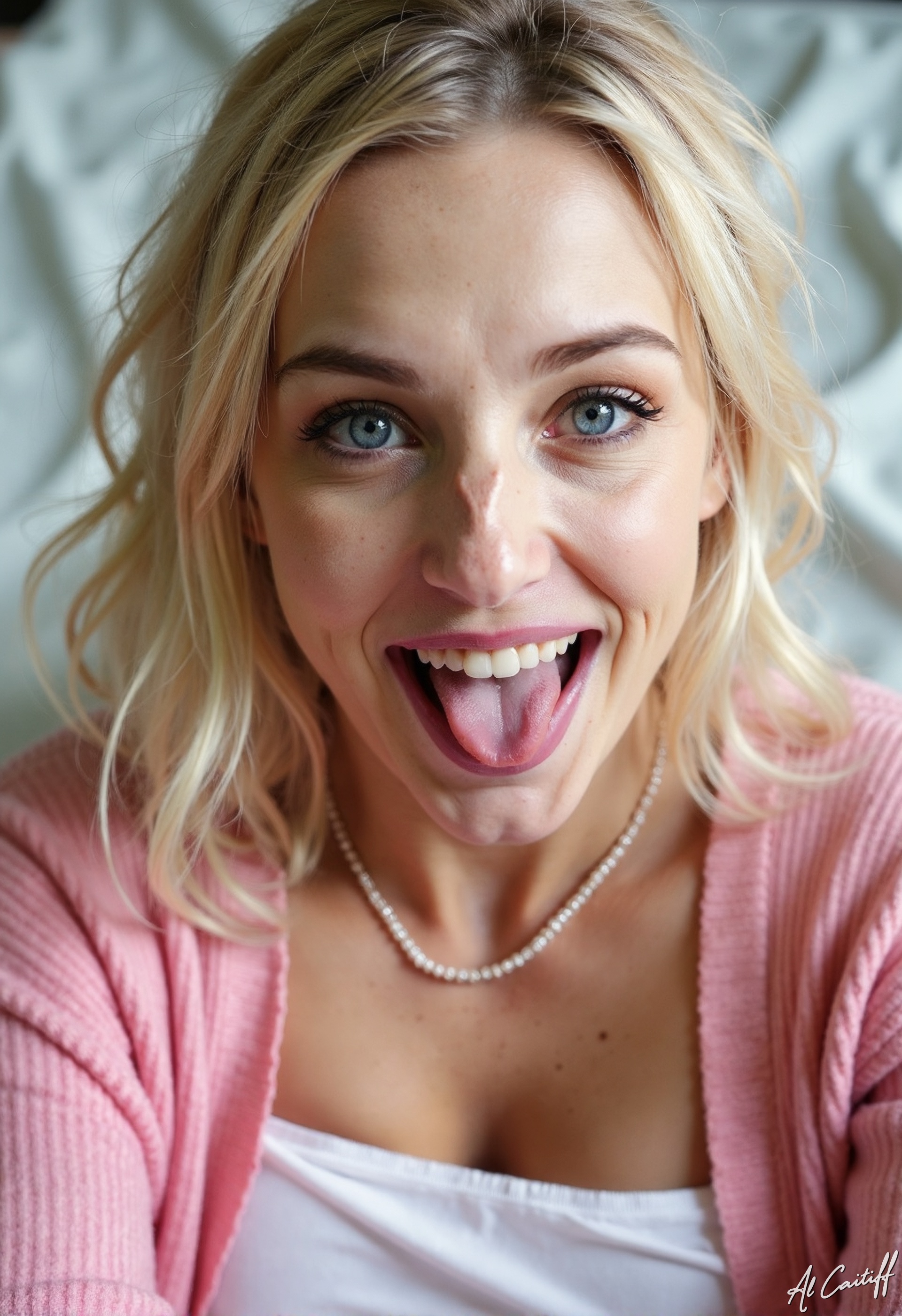 A blonde woman with wavy hair and striking blue eyes,  exuding natural beauty with realistic,  luminous skin texture. She...