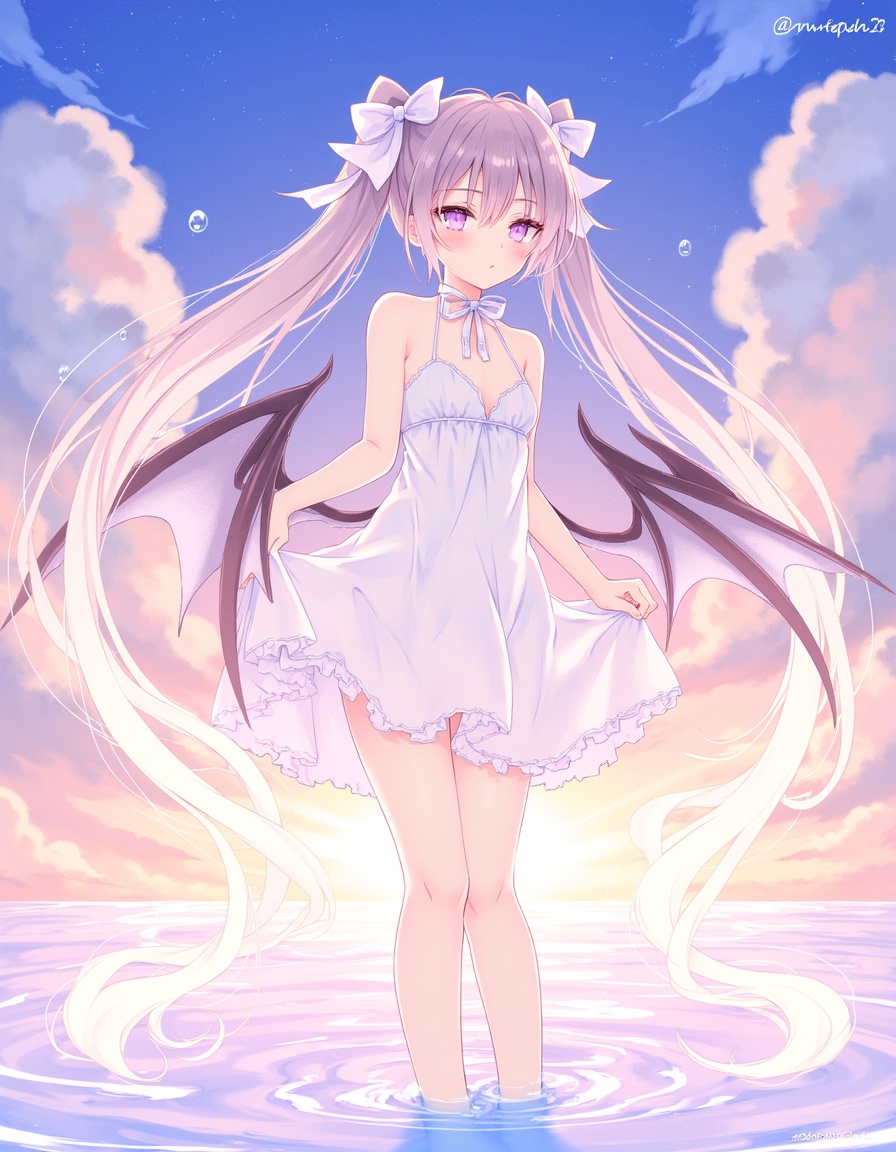1girl, solo, dress, twintails, wings, long hair, wading, sleeveless, very long hair, white dress, looking at viewer, outdoors, water, purple eyes, sky, sleeveless dress, bare shoulders, demon wings, cloud, bare arms, blush, water drop, small breasts, sunset, skirt hold, breasts, ribbon, twitter username, standing, demon girl, wet, floating hair, hair bow, neck ribbon, bow, parted lips,  <lora:rurudo_lora_v2_trigger_word_rurudo:1>
