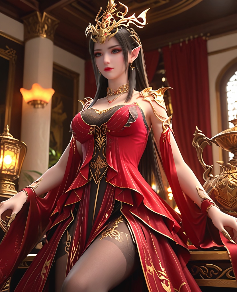 (oriental architecture, elegant decor, sophisticated style:1.1),(thoughtful pose:1.1),(breasts:1.2),<lora:XL斗破苍穹美杜莎女王装:0.85>,meidusha queen,red fringed dress layered on top of lace corset bra,red fringed dress,lace corset bra,shoulder armor,bare shoulders,pointy ears,crown,black hair,long hair,jewelry,earrings,necklace,detached sleeves,pantyhose,lace inner skirt,blue eyes,, score_9,score_8_up,score_7_up,score_6_up,score_5_up,score_4_up,3d rendering,tag1,tag2, Cinematic Lighting,backlighting,
