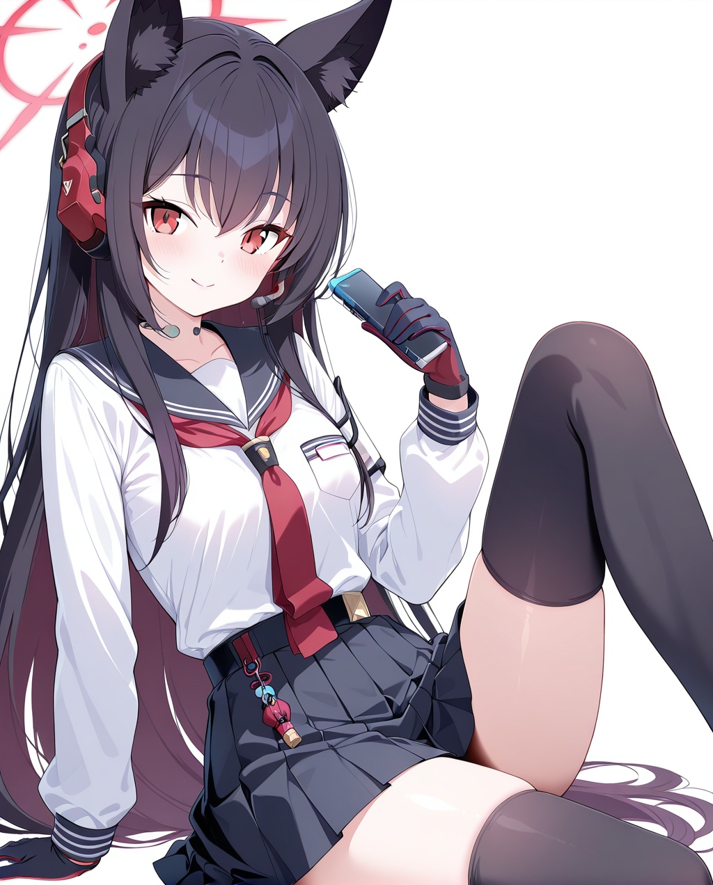 parameters: "Shichido Yukino(blue archive),1girl,solo,skirt,gloves,animal ears,red eyes,long hair,thighhighs,halo,smile,looking at viewer,school uniform,black thighhighs,white background,long sleeves,black hair,serafuku,simple background,sailor collar,sitting,black skirt,very long hair,shirt,pleated skirt,two-tone gloves,white shirt,closed mouth,animal ear fluff,necktie,bangs,headset,hand up,hair between eyes,red necktie,red gloves,neckerchief,thighs,black sailor collar,hair intakes,miniskirt,red neckerchief,breasts,pocket,blush,arm support,holding,