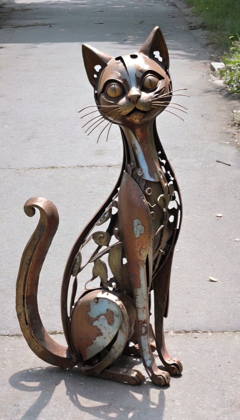 <lora:xl-shanbailing-1203metal element-000010:0.8>,no humans,cat,a cat made of worn-out metal,