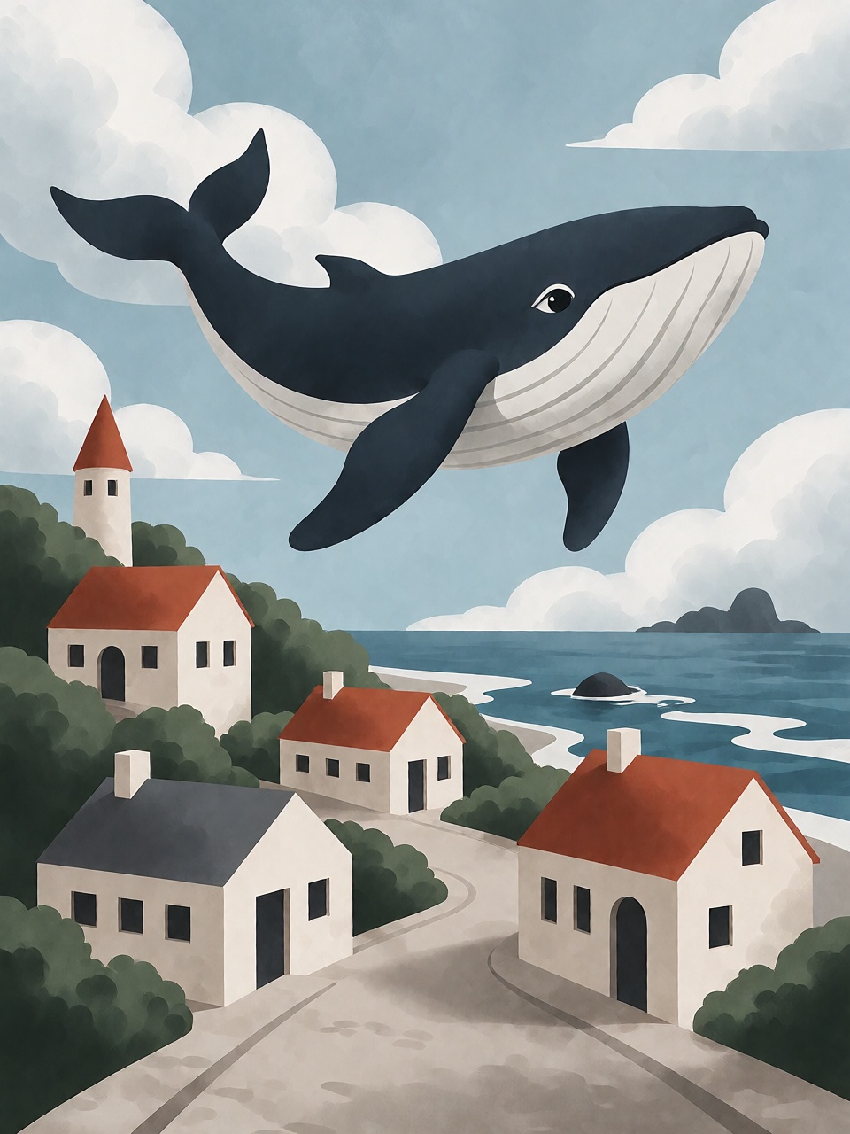 A whale floating above a small seaside town,  whimsical molded illustration,  simplified clouds and houses on Tensor.Art