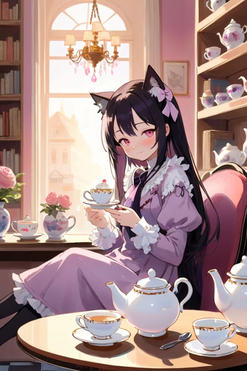 Illustration of Homura Akemi from Madoka Magica enjoying a delightful afternoon tea at a charming café. Dressed in her ico...