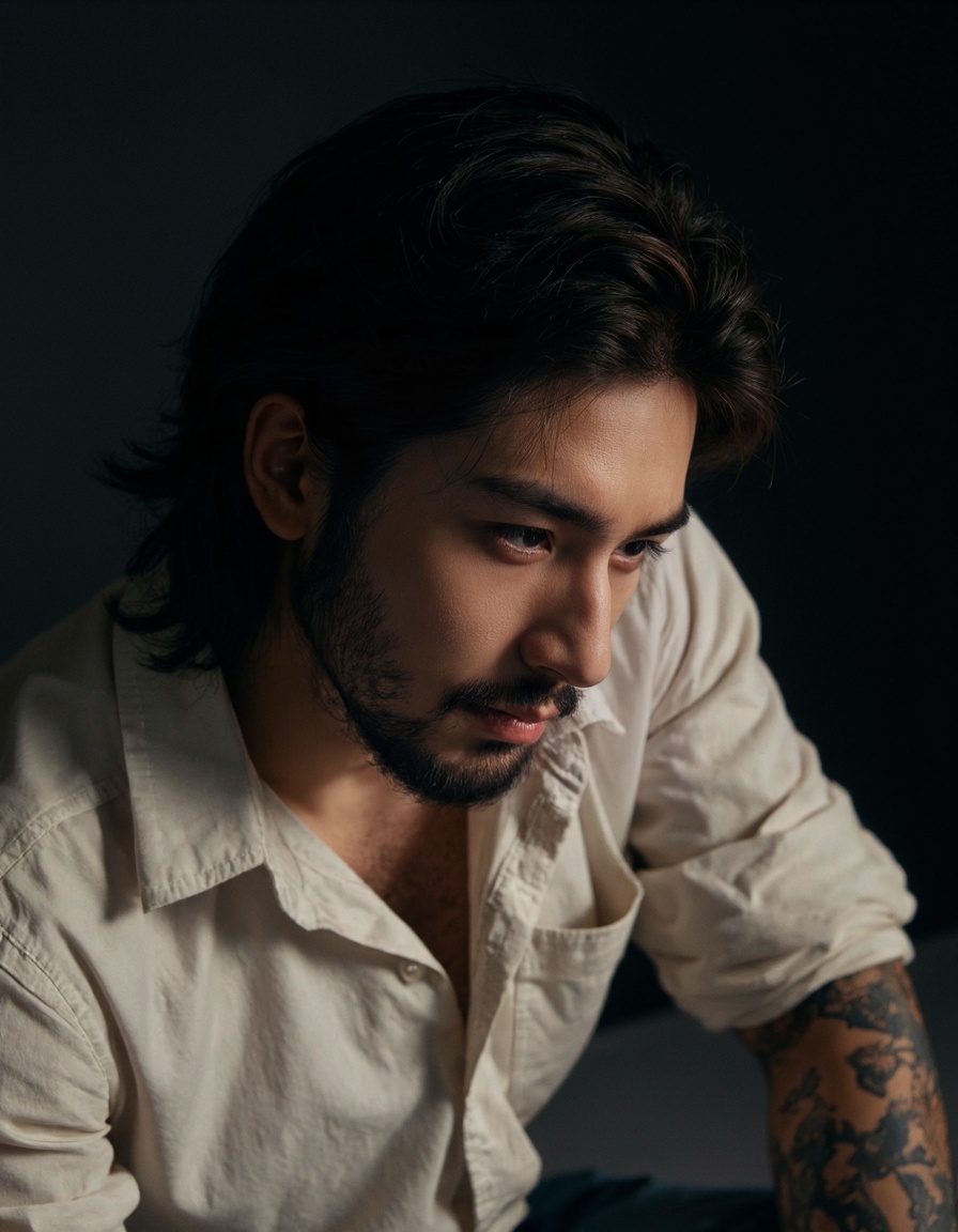 a man with long hair and beard,white shirt and tattoo arm,muscular,(from above:1.1),from side,soft lighting,high resolution,professional grade,RAW photography,evocative composition,Cinematic Lighting,moody lighting,perfect eyes,depth of field,virtual background,eyes focus,<lora:majichandsome1:0.8>,