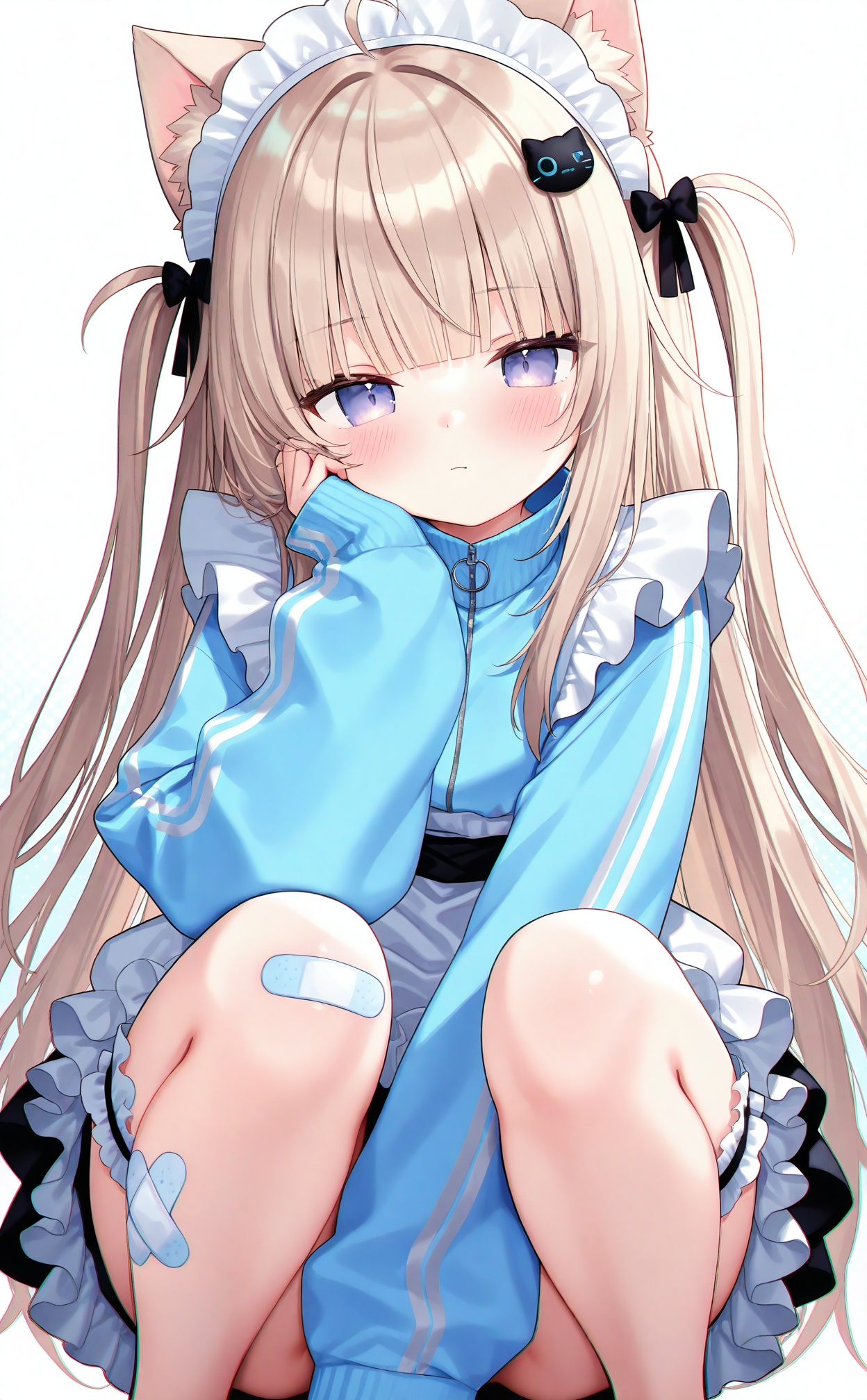 masterpiece,absurdres,best quality,high quality,chromatic_aberration,loli,//,1girl,bandaid on leg,unconventional maid,maid headdress,animal ears,track jacket,bandaid on knee,sleeves past wrists,bandaid,jacket,solo,blue jacket,sleeves past fingers,looking at viewer,long hair,maid,cat hair ornament,cat ears,bridal garter,long sleeves,squatting,blush,hair ornament,hand on own face,ahoge,hand on own cheek,animal ear fluff,purple eyes,closed mouth,apron,white background,blue eyes,blunt bangs,white apron,virtual youtuber,two side up,light brown hair,frills,very long hair,feet out of frame,simple background,cat girl,turtleneck jacket,maid apron,blonde hair,head rest,halftone,//,<lora:nyalia917——【NOOB】hans:0.8>,