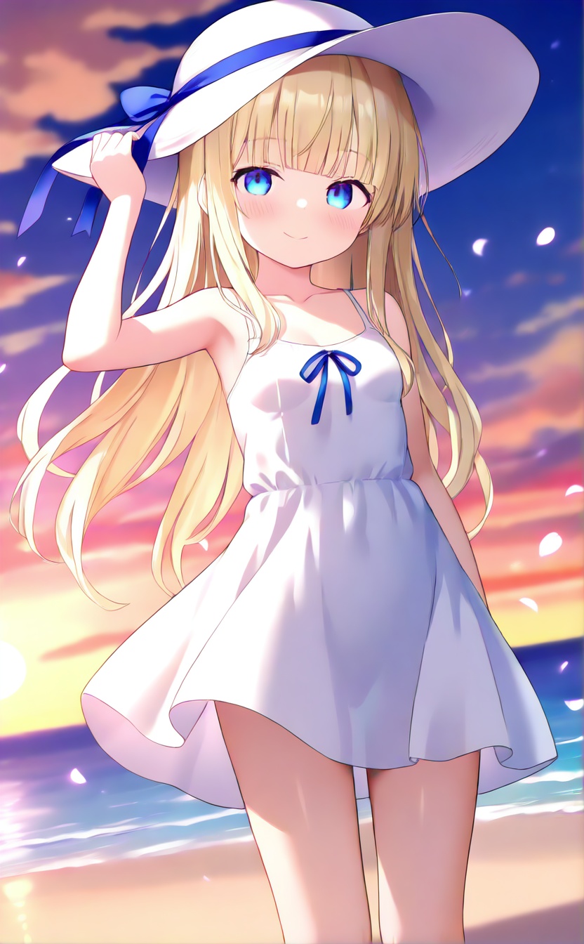 masterpiece,very aware,highres,absurdres,newest,best quality,loli,petite,high quality,chromatic_aberration,cinematic_angle,dutch angle,blurry_foreground,A light gradient background with white on top and brown at the bottom,student,"Girl",//,1girl,hat,solo,dress,blonde hair,blue eyes,long hair,petals,white dress,white headwear,smile,looking at viewer,sun hat,bangs,ribbon,sundress,outdoors,collarbone,breasts,sleeveless dress,blush,sleeveless,cloud,blue ribbon,blunt bangs,closed mouth,ocean,hand on headwear,sky,sunset,hat ribbon,bare shoulders,small breasts,//,//,official art,blurry background,depth of field,detailed light,best shadow,shiny skin,cinematic lighting,ray tracing,amazing quality,very aesthetic,absurdres,beast quality,ultra detailed,newest,8K,HDR,full_shot,//,<lora:lora:1>,