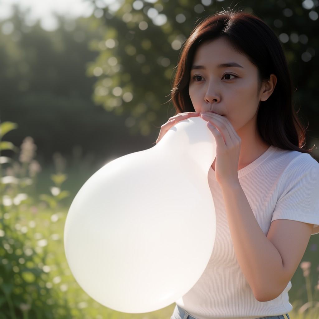 Korean female blowing white balloon at day on Tensor.Art